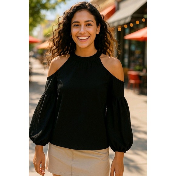 NWT CeCe Women's XS Black Cold Shoulder Blouse Swiss Dot Puff Sleeve Lined Top - Picture 2 of 10